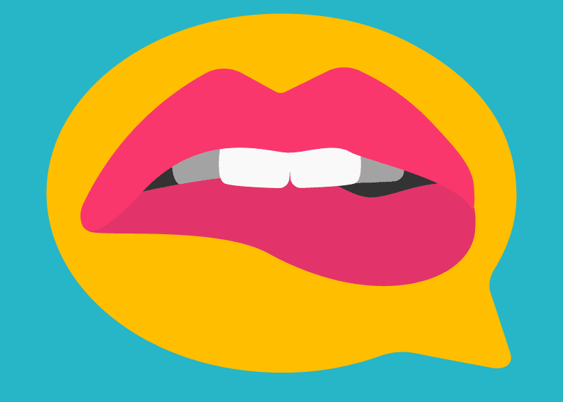 En grafisk illustration av ett par läppar som biter på underläppen, vilket symboliserar flirtigt eller sensuellt prat som dirty talk.