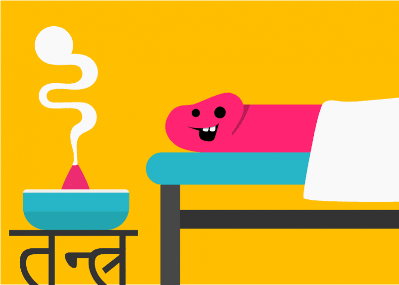 En färgglad och lekfull illustration av en lingam-massage. Bilden visar en rosa lingam (penis) med ett humoristiskt ansikte som ligger på en massagebänk med ett vitt lakan. Bredvid syns en rökelsehållare med rök som stiger, vilket skapar en avslappnad och