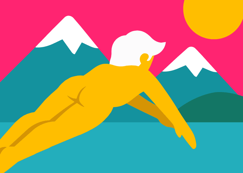 Illustration av en nudist som simmar i en turkos sjö, omgiven av snötäckta berg under en rosa himmel och gul sol.