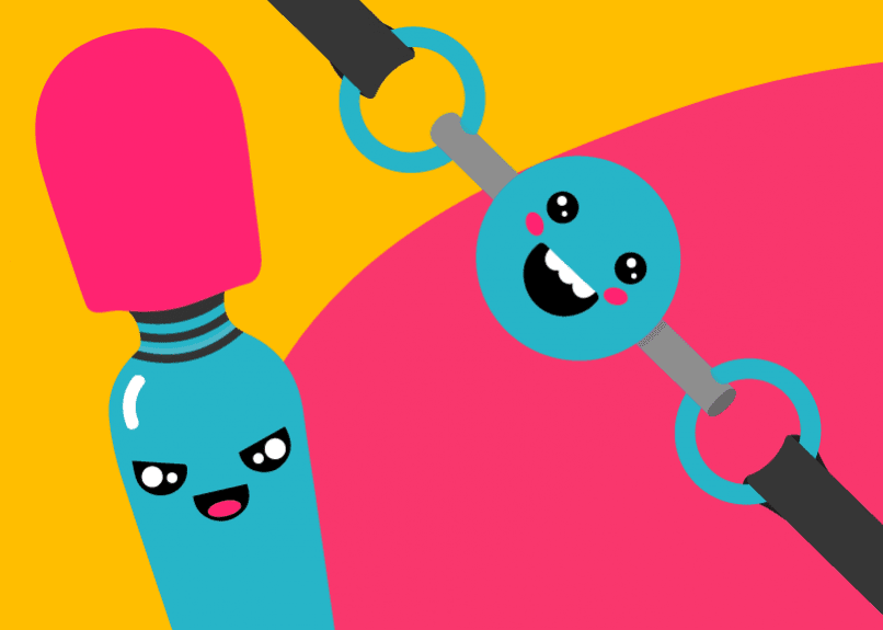 Illustration av en Gag Ball och en Wand Vibrator i tecknad, lekfull stil. Gag Ballen är turkos med ett glatt ansikte och sitter fast i ett svart band, medan Wand Vibratorn har en rosa topp och ett turkost handtag med ett leende ansikte. Bakgrunden är gul