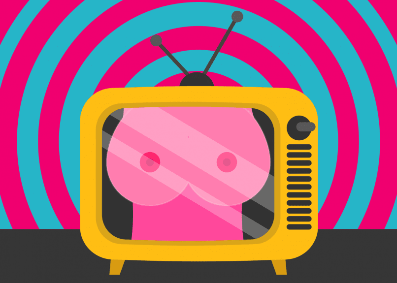 En gul retrotv-tecknad bild med en bild av ett par stora bröst på skärmen, mot en psykedelisk bakgrund av virvlande rosa och blå mönster som symboliserar de hypnotiska effekterna av porr. Bilden representerar skadorna och beroendet som kan förknippas med