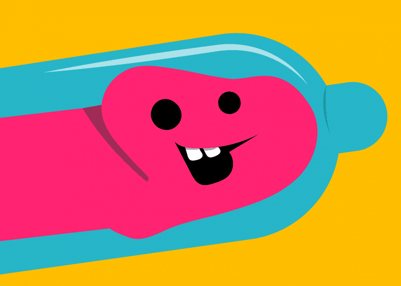 Illustration av en rosa dildo sexleksak med ett glatt ansikte, iklädd en kondom, mot en gul bakgrund. Leksaken symboliserar vikten av säkert sex med korrekt användning av kondom.