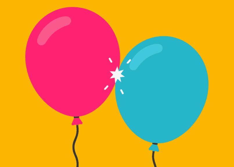 Två färgglada ballonger som möts med en liten gnista mellan sig – en lekfull illustration av petting och smeksex.
