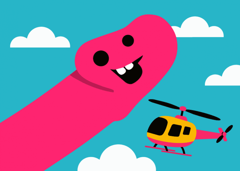 Illustration av en stor rosa kuk som sträcker sig upp mot himlen, med en helikopter som flyger bredvid bland vita moln.