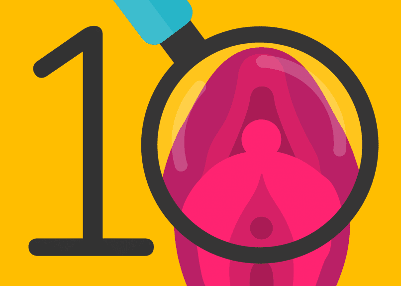 Illustration som kombinerar siffran 1 och ett förstoringsglas för att bilda siffran 10, tillsammans med en stiliserad framställning av kvinnliga könsorgan, vilket symboliserar '10 fakta om vaginan' för ett utbildande blogginlägg