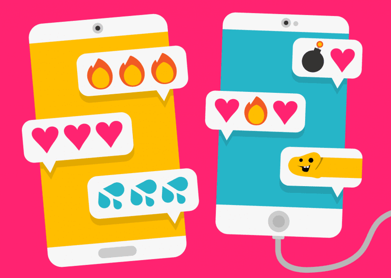 Illustration av två smartphones mot en rosa bakgrund som utbyter meddelanden med emotikoner. Telefonen till vänster har en gul bakgrund och visar emotikoner med hjärtan och lågor, som symboliserar kärlek och passion. Telefonen till höger med en blå bakgru