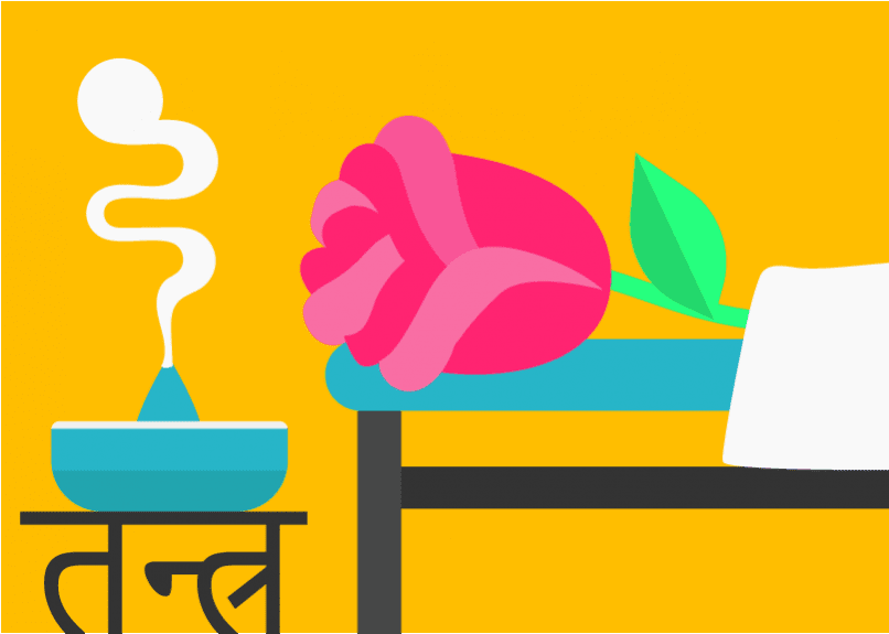 En stiliserad illustration av en yonimassage- och vaginamassage-scen. Bilden visar en rosa ros som symboliserar skönhet och intimitet, placerad på en massagebänk med ett vitt lakan. Bredvid bänken står en rökelsehållare med rök som stiger, vilket skapar e