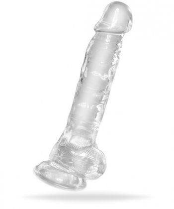 Realistisk dildo tillverkad av högkvalitativ TPE. Enkel att använda. Transparent. Verklighetstrogna vener och ollon samt pung.