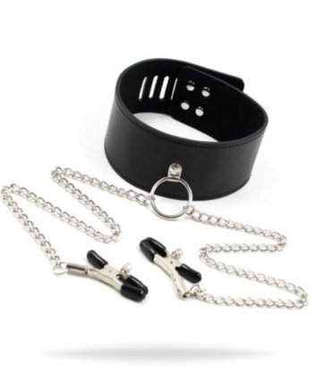 Collar Leash With Nipple Clamps Black