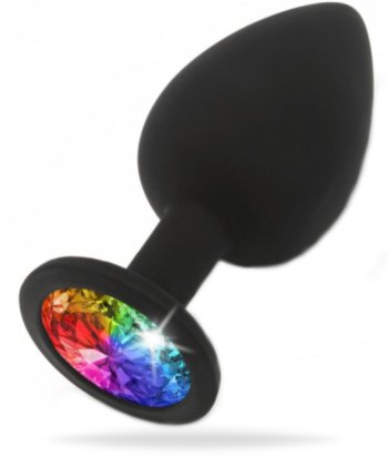 Svart analplugg med en flerfärgad kristall i botten. Tillverkad av supermjuk silikon och har en klassisk form. För nybörjare.