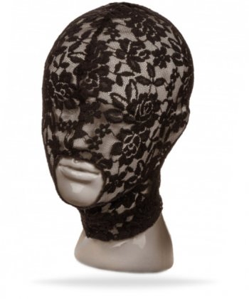 Vacker spets huva tillverkad av polyester. Bekvämt flexibelt material som formas efter huvudet. Öppen mun och stängda ögon.