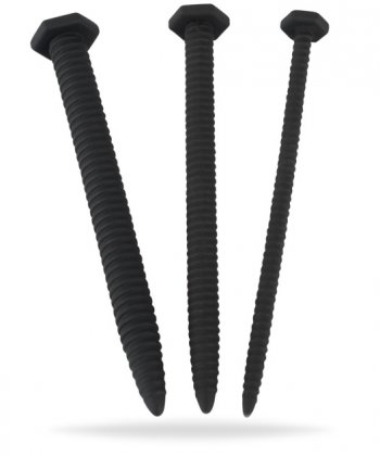 Mycket böjbara dilatorer. Set av 3 olika stora. Stimulerande spår. Skruv liknande design. Högkvalitativ silikon. Brett huvud.