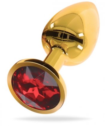 Lyxig analplugg tillverkad av kroppssäker aluminium med en röd, vacker kristall i botten. Klassiskt formad guldig analplugg.
