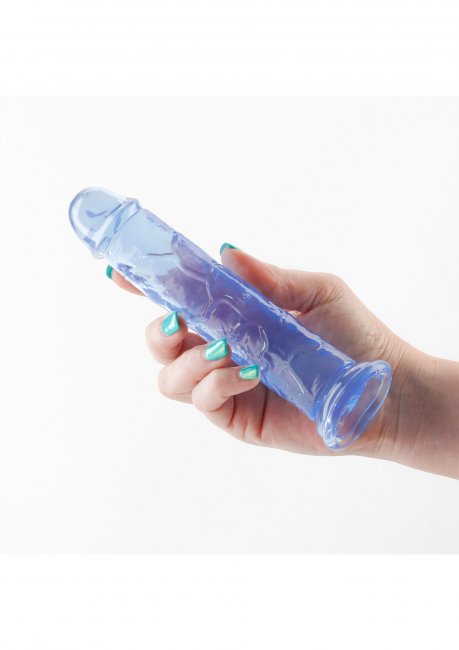 Fantasia Dildo Upper 6.5 - semi transparant blå rak dildo ï hand för storleksreferens