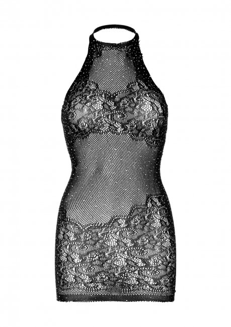 Rhinestone Lace and Net Halter Mini Dress