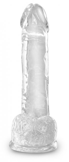 Realistisk dildo tillverkad av högkvalitativ TPE. Enkel att använda. Transparent. Verklighetstrogna vener och ollon samt pung.