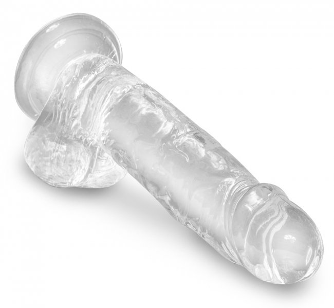 Realistisk dildo tillverkad av högkvalitativ TPE. Enkel att använda. Transparent. Verklighetstrogna vener och ollon samt pung.