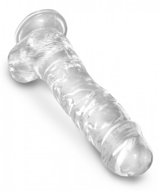 Realistisk dildo tillverkad av högkvalitativ TPE. Enkel att använda. Transparent. Verklighetstrogna vener och ollon samt pung.