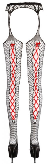 Svarta nät strumpbyxor med röd snörad detalj. Tillverkad av polyamid och spandex. Suspender design. Bekväm passform.