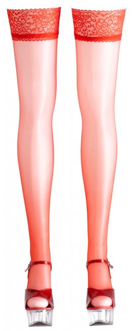Röda silikon linjerade strumpor tillverkad av 100% polyamid. Vacker och sexig design. Bekväm passform. Spets detaljerad topp.