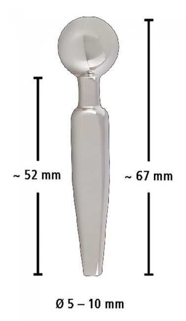Ihålig dilator tillverkad av högkvalitativ rostfritt stål. Gradvist ökande konform. Med stoppkula. Stimulerande. Enkel.