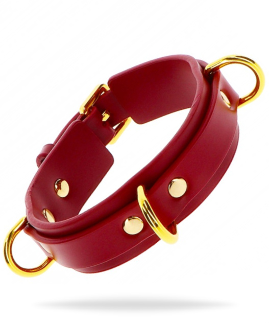 Rött halsband av högkvalitativ PU-läder med guldiga detaljer av nickelfri metall. Slitstarka material. Justerbar passform.