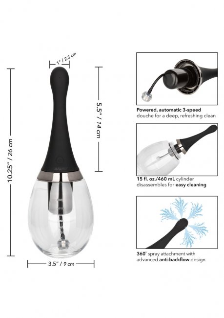 Uppladdningsbar analdusch. 3 olika hastigheter. 360° flerriktad spray. Rymmer upp till 460 ml. Avancerad anti-backflow-design.