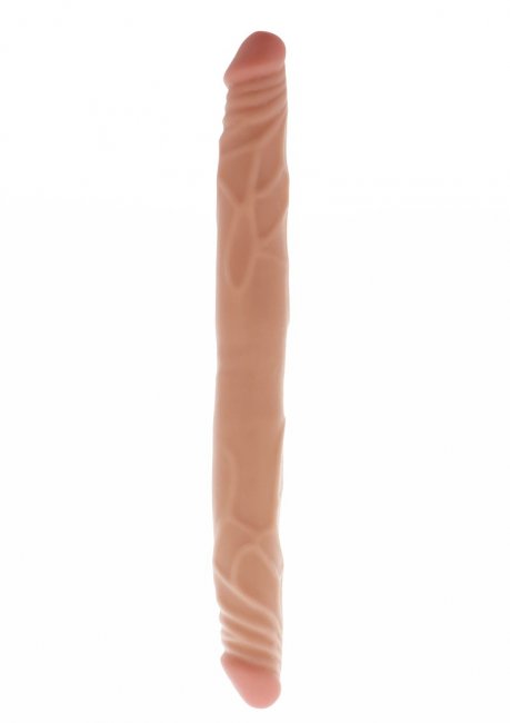 Dubbeldilo tillverkad av högkvalitativ PVC. Med två realistiska ollon i vardera sida. Texturerade vener. Böjbar och flexibel.