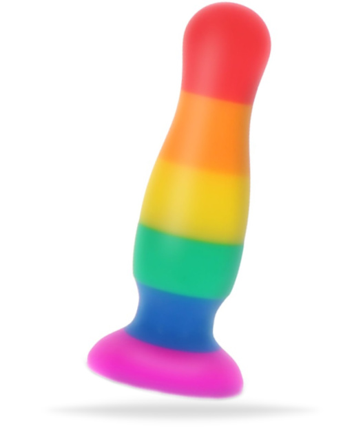 En regnbågsfärgad analplugg med en rund tipp och bred bas. Tillverkad av högkvalitativ och mjuk silikon. Enkel att använda.