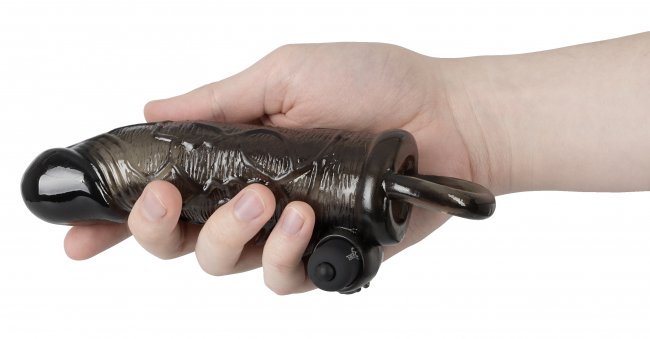 Extension Slim Fit - semi transparent svart penis sleeve med vibrator, storleks referens