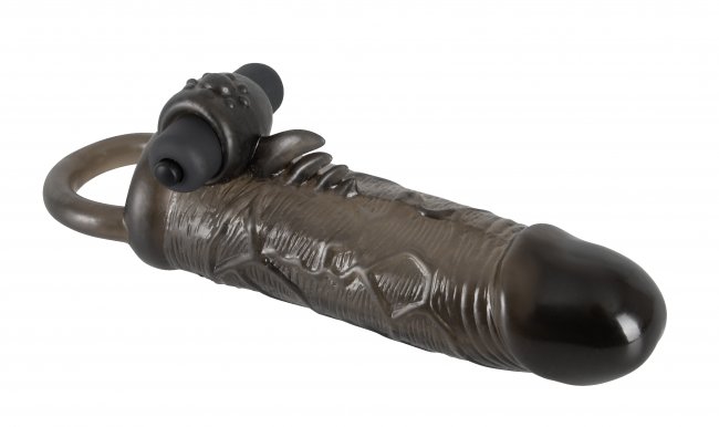 Extension Slim Fit - semi transparent svart penis sleeve med vibrator framifrån