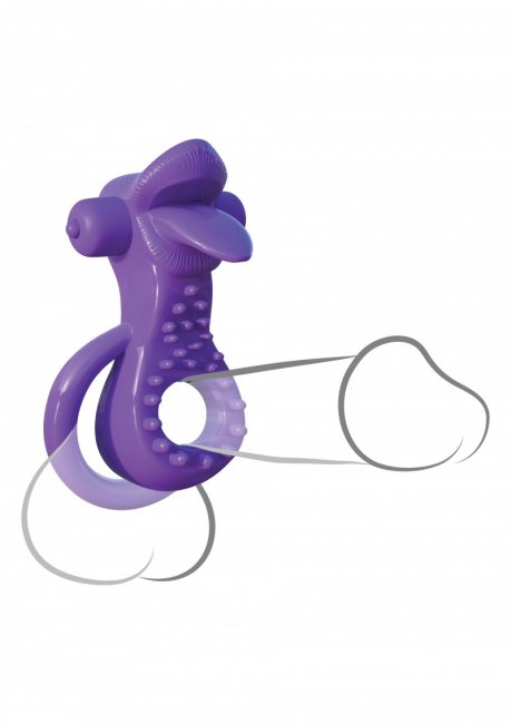 Lila vibrerande penisring med dubbla ringar och en speciell design. Superstretchigt material och helt vattentät vibrator.