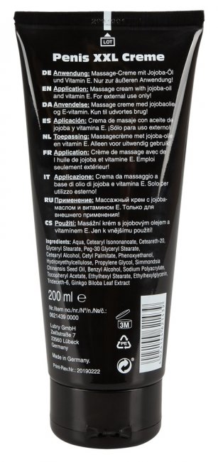 XXL kräm för penis med närande ingredienser. Innehåller potensträ, jojobaolja och ginkgoextrakt. Vegansk formula. Enkel.