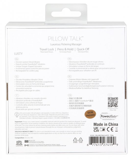 Pillow Talk Lusty - ljusblå läppstiftsdesignad Minivibrator baksida av förpackning