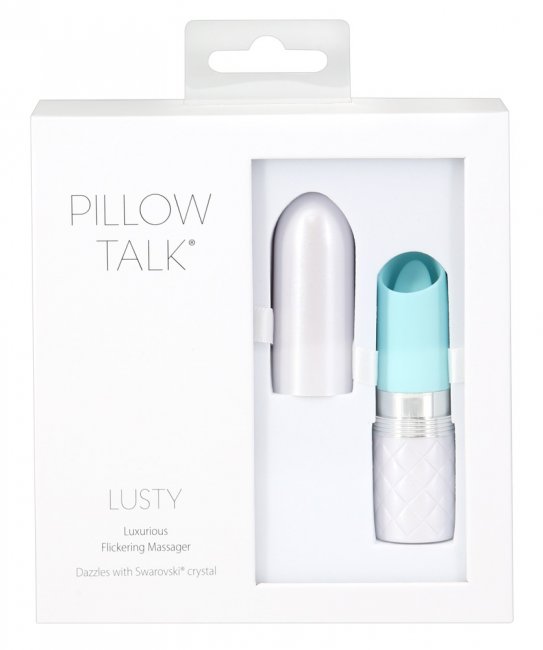 Pillow Talk Lusty - ljusblå läppstiftsdesignad Minivibrator framsida förpackning