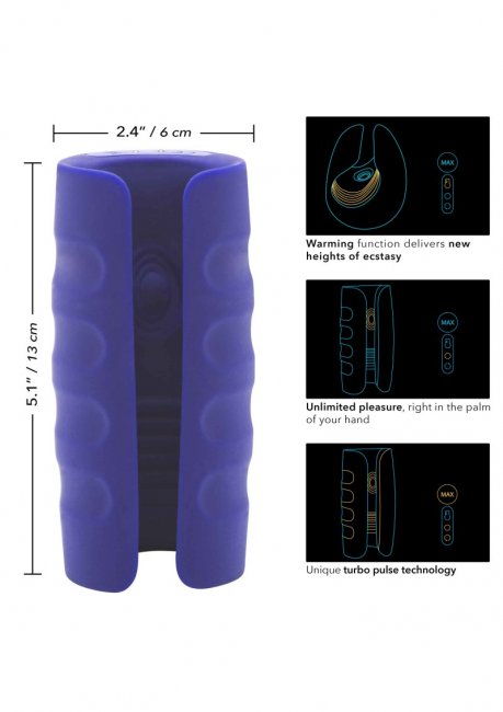 Uppladdningsbar masturbator tillverkad av silikon. 6 vibrationer. 3 pulsfunktioner. Värmande effekt. Helt vattentät. Enkel.