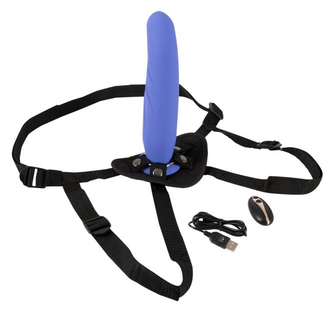 Uppladdningsbar vibrator med kontroll. Lätt böjd, avtagbar dildo. Stark sugkopp. Justerbar sele. 7 funktioner. Vattentät.