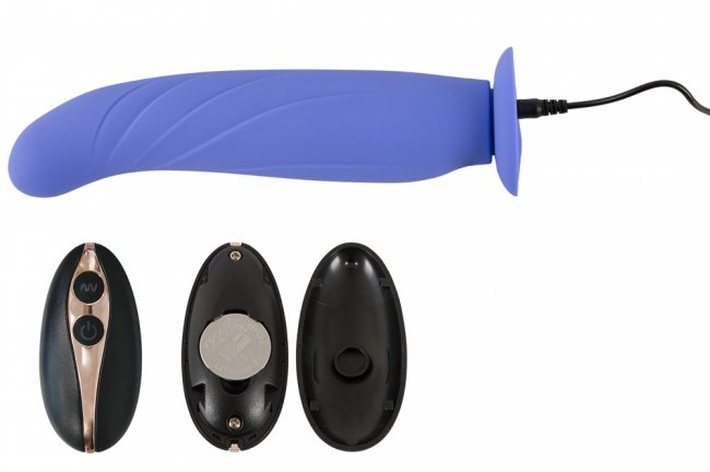 Uppladdningsbar vibrator med kontroll. Lätt böjd, avtagbar dildo. Stark sugkopp. Justerbar sele. 7 funktioner. Vattentät.