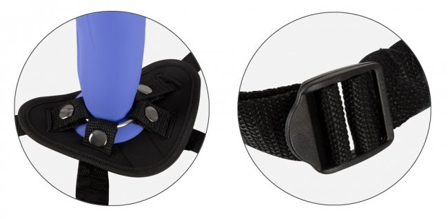 Uppladdningsbar vibrator med kontroll. Lätt böjd, avtagbar dildo. Stark sugkopp. Justerbar sele. 7 funktioner. Vattentät.