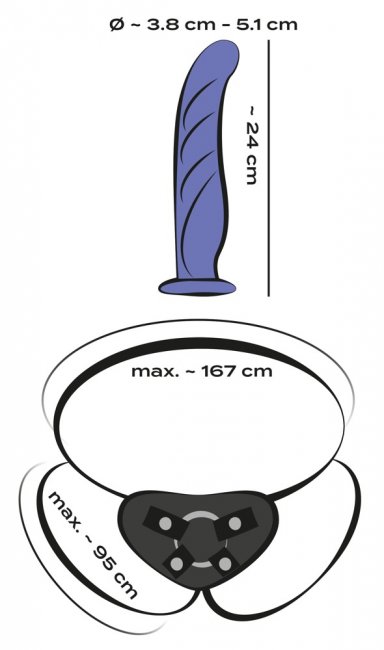 Uppladdningsbar vibrator med kontroll. Lätt böjd, avtagbar dildo. Stark sugkopp. Justerbar sele. 7 funktioner. Vattentät.