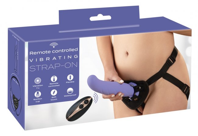 Uppladdningsbar vibrator med kontroll. Lätt böjd, avtagbar dildo. Stark sugkopp. Justerbar sele. 7 funktioner. Vattentät.