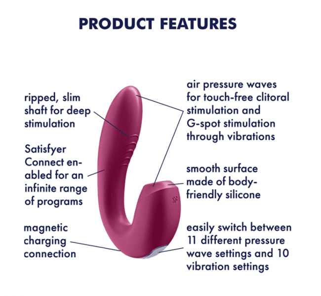 Uppladdningsbar vibrator tillverkad av silikon. Helt vattentät. 2 tysta och starka motorer. Appstyrd. Lufttrycks funktion. Enkel