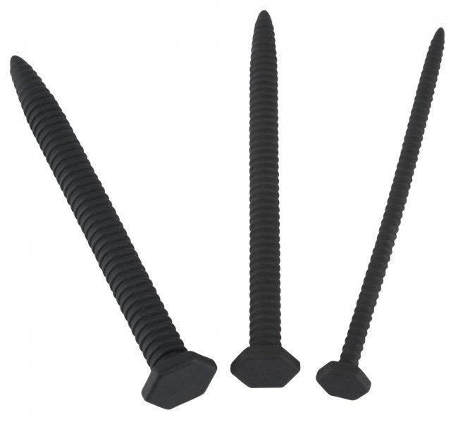 Mycket böjbara dilatorer. Set av 3 olika stora. Stimulerande spår. Skruv liknande design. Högkvalitativ silikon. Brett huvud.