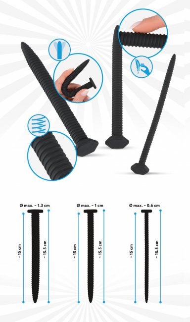 Mycket böjbara dilatorer. Set av 3 olika stora. Stimulerande spår. Skruv liknande design. Högkvalitativ silikon. Brett huvud.