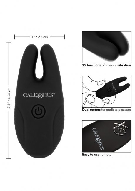 Uppladdningsbara klämmor tillverkad av mjuk silikon. Helt vattentät. 12 olika vibrationer. Fjärrstyrd. Intensiva funktioner