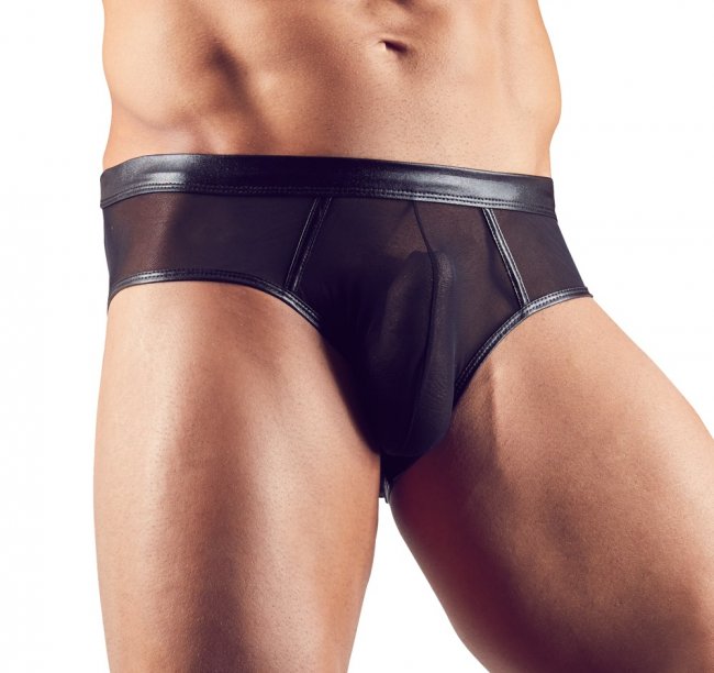 Svarta jock kalsonger i ett semi-transparent tyg med glansiga detaljer. Helt öppen baktill. Sexig och iögonfallande look.