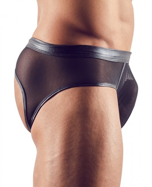 Svarta jock kalsonger i ett semi-transparent tyg med glansiga detaljer. Helt öppen baktill. Sexig och iögonfallande look.