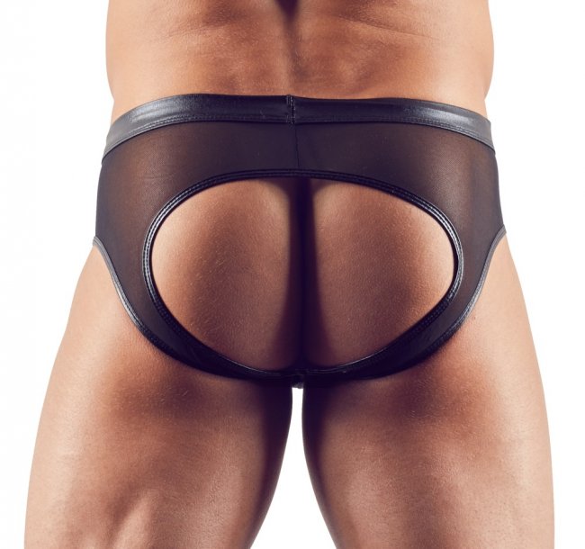 Svarta jock kalsonger i ett semi-transparent tyg med glansiga detaljer. Helt öppen baktill. Sexig och iögonfallande look.