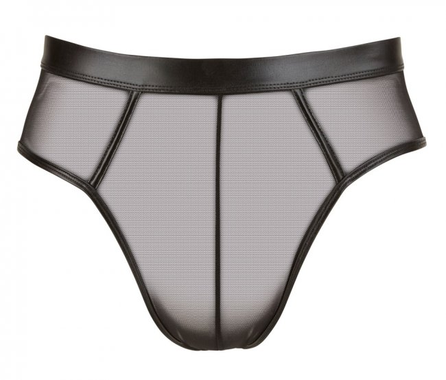 Svarta jock kalsonger i ett semi-transparent tyg med glansiga detaljer. Helt öppen baktill. Sexig och iögonfallande look.