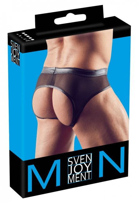 Svarta jock kalsonger i ett semi-transparent tyg med glansiga detaljer. Helt öppen baktill. Sexig och iögonfallande look.